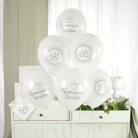 Balony komunijne biało-srebrne 12cali 6szt.