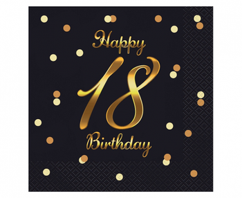 Serwetki B&C Happy 18 Birthday, czarne, nadruk złoty, 33x33 cm/ 20 szt.