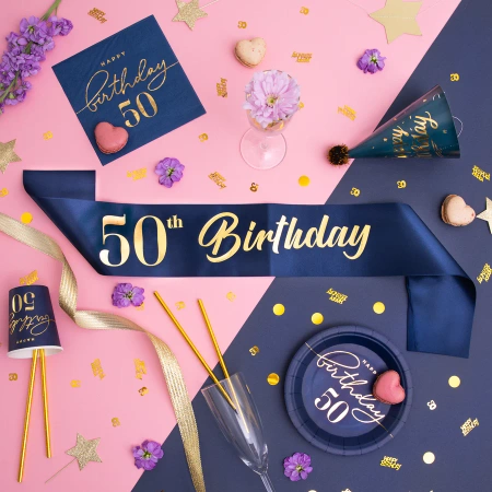 Szarfa urodzinowa 50th Birthday granatowo-złota 10x160cm