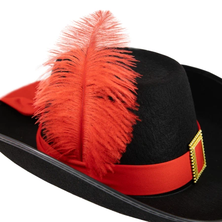 Kapelusz muszkietera czarny z czerwoną szarfą