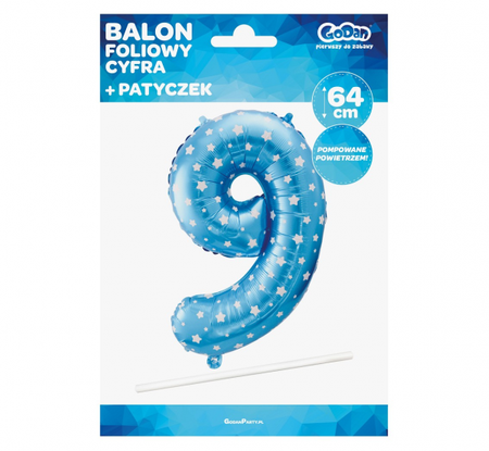 Balon foliowy "Cyfra 9", niebieska w gwiazdy, 61 cm