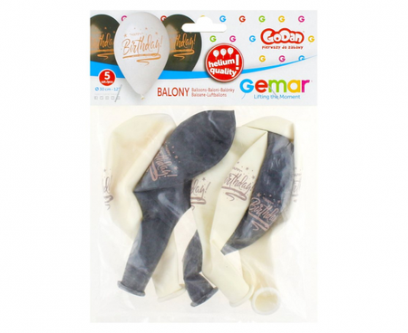 Balony Premium Hel "Happy Birthday", białe i czarne, 13"/ 5 szt.