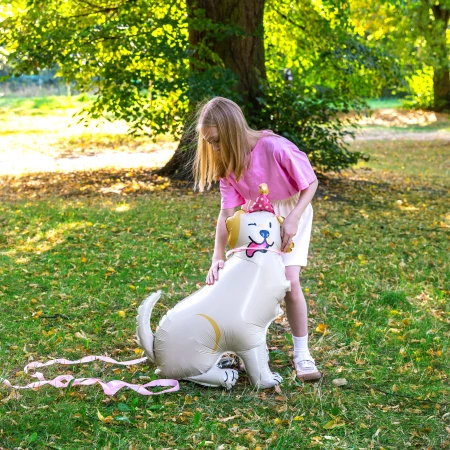 Balon foliowy stojący, Pies Golden z czapeczką, 76x96 cm