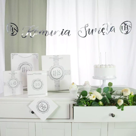 Baner komunijny Komunia Święta IHS srebrny 150cm