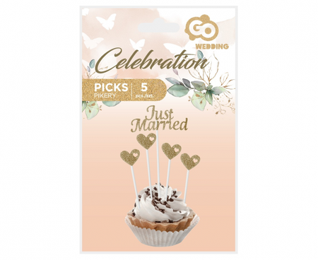 Pikery papierowe W&C Just Married,złote brokatowe