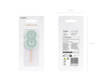 Świeczka urodzinowa Cyferka 8, jasna mięta, 6 cm
