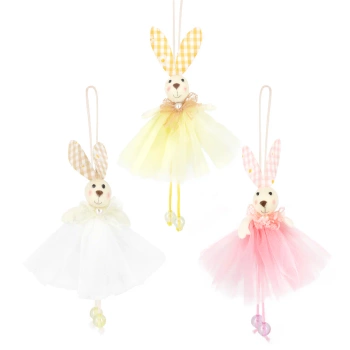 Dekoracje wielkanocne Zawieszki zajączki w kolorowych spódniczkach 1 szt.