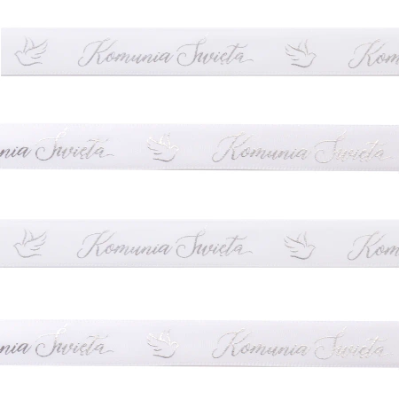 Wstążka satynowa Komunia Święta biało-srebrna 20m