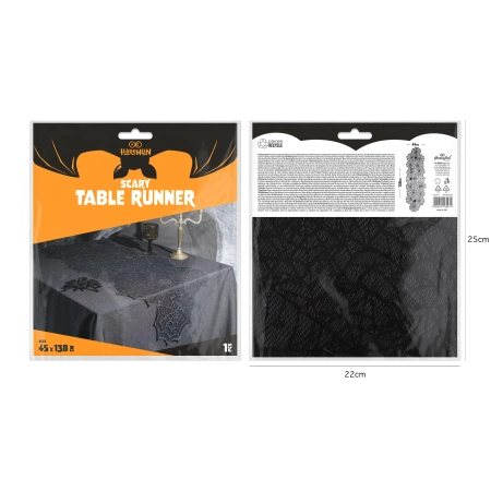 Bieżnik koronkowy pajęczyny Halloween czarny 45x183 cm