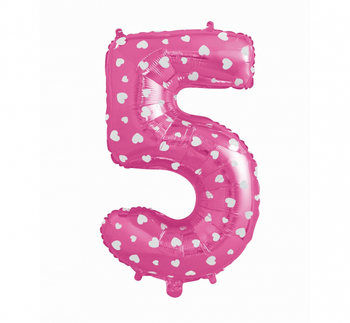 Balon foliowy "Cyfra 5", różowa w serca, 61 cm