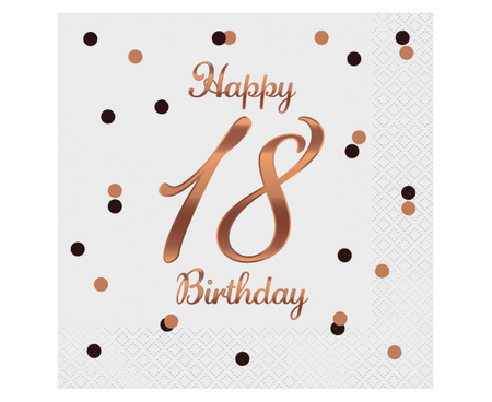 Serwetki B&C Happy 18 Birthday, białe, nadruk różowo-złoty, 33x33 cm/ 20 szt.