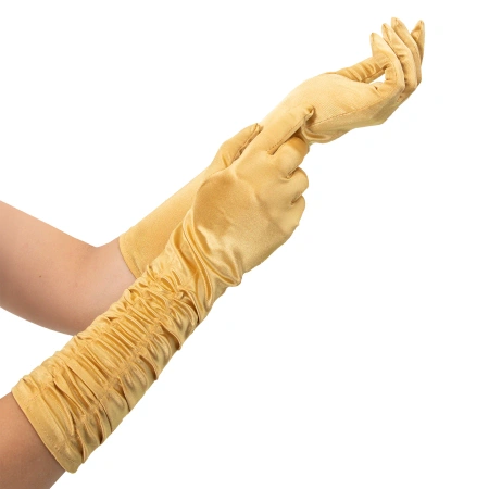 Rękawiczki satynowe z marszczeniem, złote, 42 cm