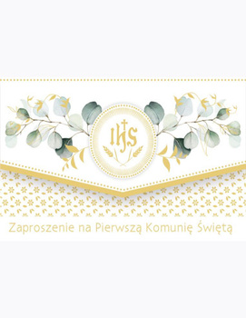 Zaproszenie Komunia Święta IHS Złoty i Eucalyptus, 10 szt