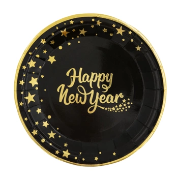 Talerzyk papierowy Happy New Year czarny 18 cm 6szt