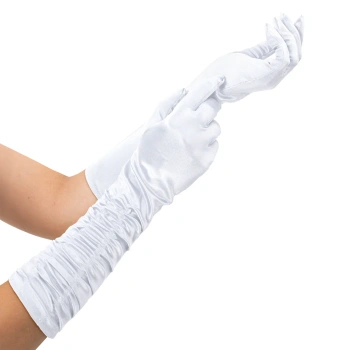 Rękawiczki satynowe z marszczeniem, białe, 42 cm