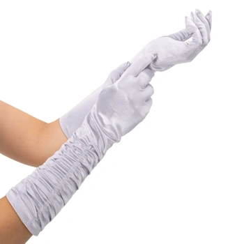 Rękawiczki satynowe z marszczeniem, srebrne, 42 cm