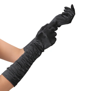 Rękawiczki satynowe z marszczeniem, czarne, 42 cm