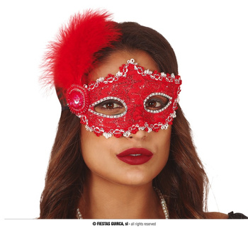 Maska wenecka czerwona z piórami