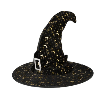Kapelusz czarownicy zakrzywiony czarno-złoty 38x30cm