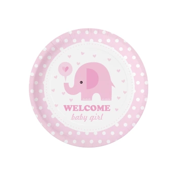 Papierowy talerzyki Baby Shower Słonik różowy 6 szt., 18 cm