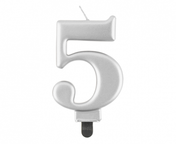 Świeczka B&C cyferka 5, metalik srebrna, 8,0 cm