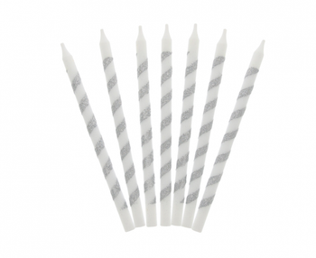 Świeczki urodzinowe Twister, brokatowe srebrne, 16 szt.