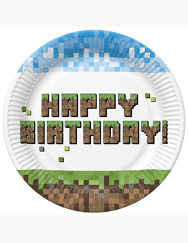 Talerzyki papierowe "Pixel Block Happy Birthday", 23cm, 8 szt