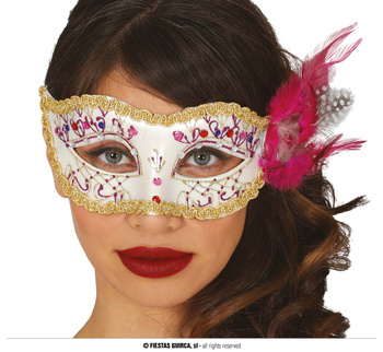 Maska karnawałowa biała z róźowym piórkiem 