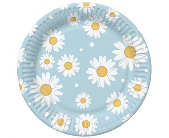 Talerzyki papierowe, niebieskie, stokrotki, 18 cm, 6 szt.
