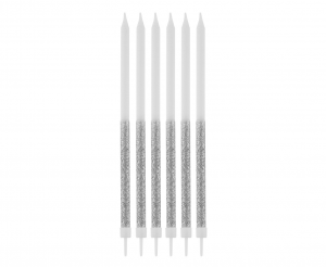 Świeczki B&C brokatowe, srebrne, 14.5x0.6 cm, 16 szt.
