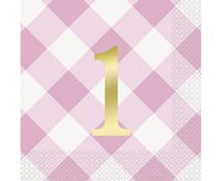 Serwetki papierowe Gingham 1st Birthday, różowe, 16 szt.