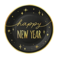 Talerzyk papierowy Happy New Year czarno-złoty, 6szt.
