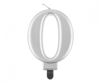 Świeczka B&C cyferka 0, metalik srebrna, 8,0 cm