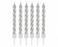 Świeczki B&C z podstawkami, zakręcone srebrne, 8 cm, 12 szt.