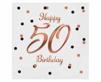 Serwetki B&C Happy 50 Birthday, białe, nadruk różowo-złoty, 33x33 cm/ 20 szt.
