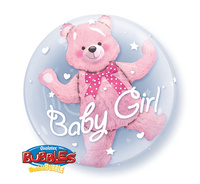 Balon foliowy 24" QL Bubble - Miś w balonie Baby Girl