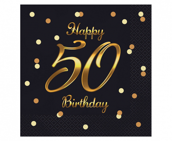 Serwetki B&C Happy 50 Birthday, czarne, nadruk złoty, 33x33 cm/ 20 szt.