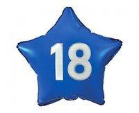 Balon foliowy "18" gwiazda niebieska, nadruk biały, 19"