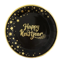 Talerzyk papierowy Happy New Year czarny 18 cm 6szt