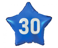 Balon foliowy "30" gwiazda niebieska, nadruk biały, 19"