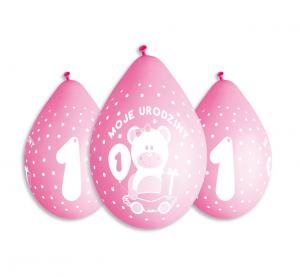Balony Premium "Moje 1 Urodziny", nad. 1 kolor, dla dziewczynki (wiszące), 12"/ 5 szt.