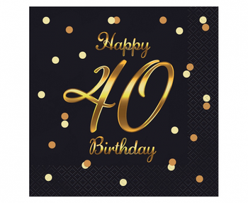 Serwetki B&C Happy 40 Birthday, czarne, nadruk złoty, 33x33 cm/ 20 szt.