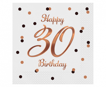 Serwetki B&C Happy 30 Birthday, białe, nadruk różowo-złoty, 33x33 cm/ 20 szt.