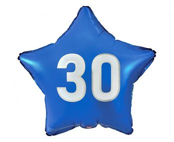 Balon foliowy "30" gwiazda niebieska, nadruk biały, 19"