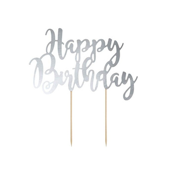 Topper na tort Happy Birthday, srebrny