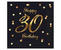 Serwetki B&C Happy 30 Birthday, czarne, nadruk złoty, 33x33 cm/ 20 szt.