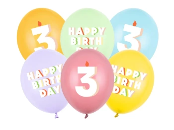 Balony 30 cm, na 3 urodziny, mix (6szt)