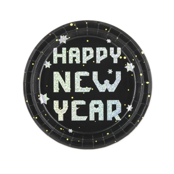 Talerzyki papierowy Happy New Year czarno-srebrny 7cali 6szt.