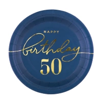 Talerzyki papierowe Happy Birthday 50 granatowy 18cm,  6szt.