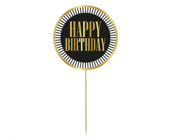 Dekoracja pap. na tort B&G Party - Happy Birthday, czarna, paski, 10 cm